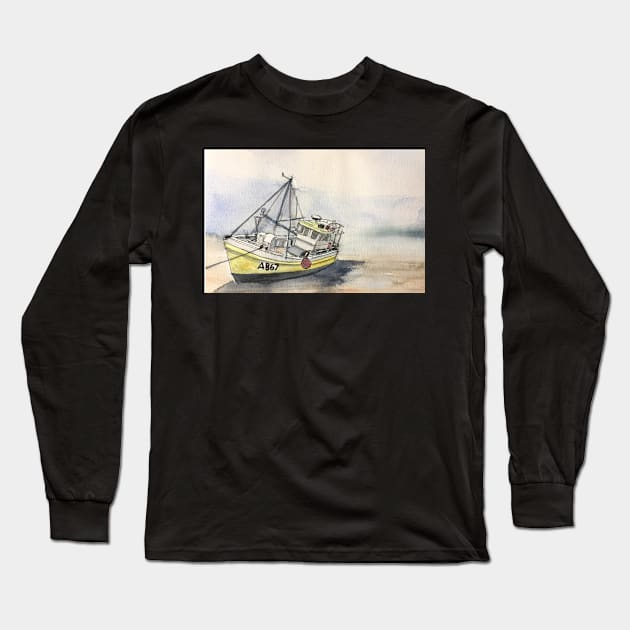 The Boat on New Quay Beach Long Sleeve T-Shirt by bobpetcher